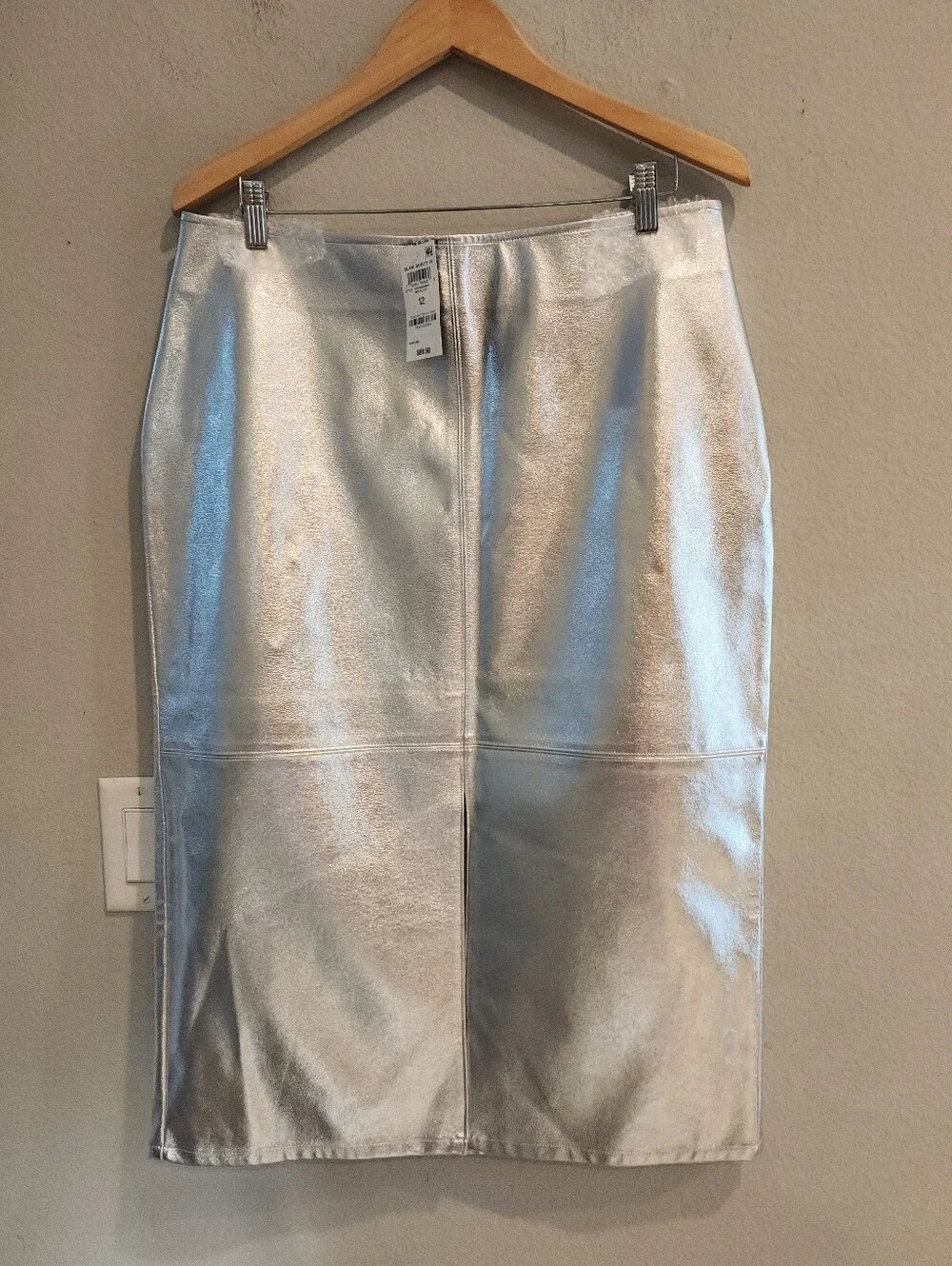 NWT Macy's INC Silver Metallic Faux Leather Front Slit Pencil Midi Skirt Size 12
